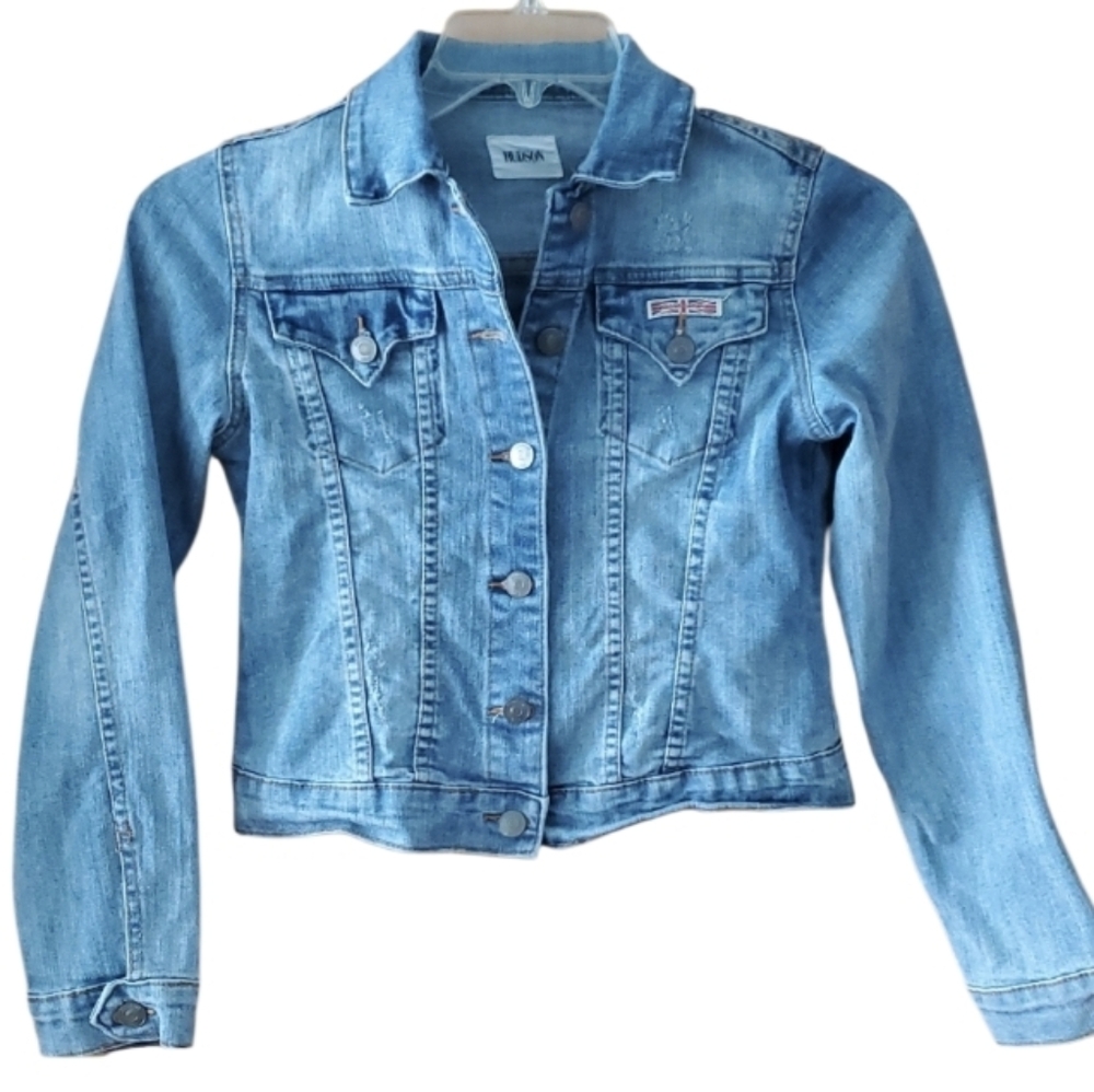 Hudson Girls Large Blue Denim Button Distressed Cropped Jacket